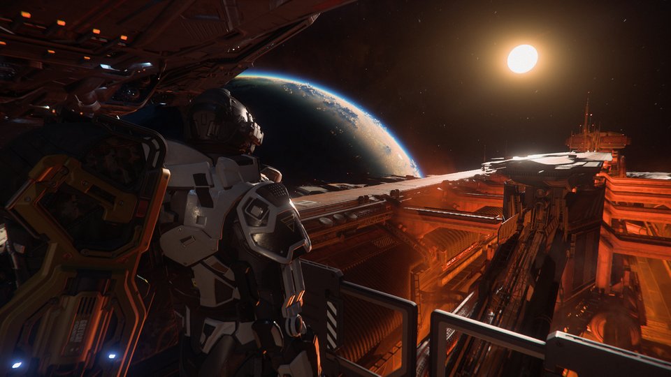Operator on an industrial gantry, planet and sunrise on the horizon