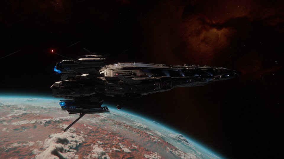 Capital ship in low orbit above a crimson world